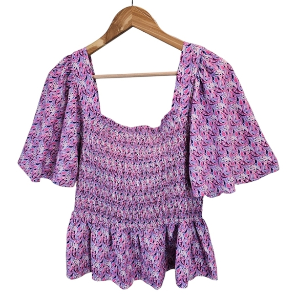 NWT Simply Southern Pink Paisley Smocked Top With Ruffle Hem Size Large Coastal - Picture 3 of 13